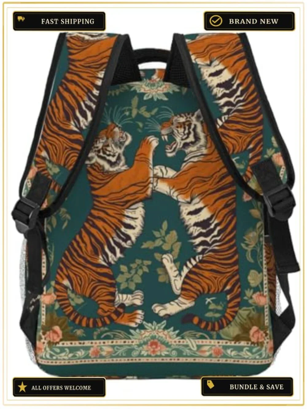 Vintage Tiger Floral Backpack Lightweight Laptop Daypack Boho Animal Bookbag